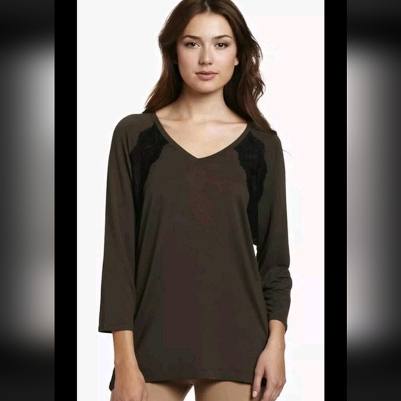 Natori Blouse Women XL Long Sleeve Brown Lace  Vneck Casual Minimalist - Picture 1 of 10